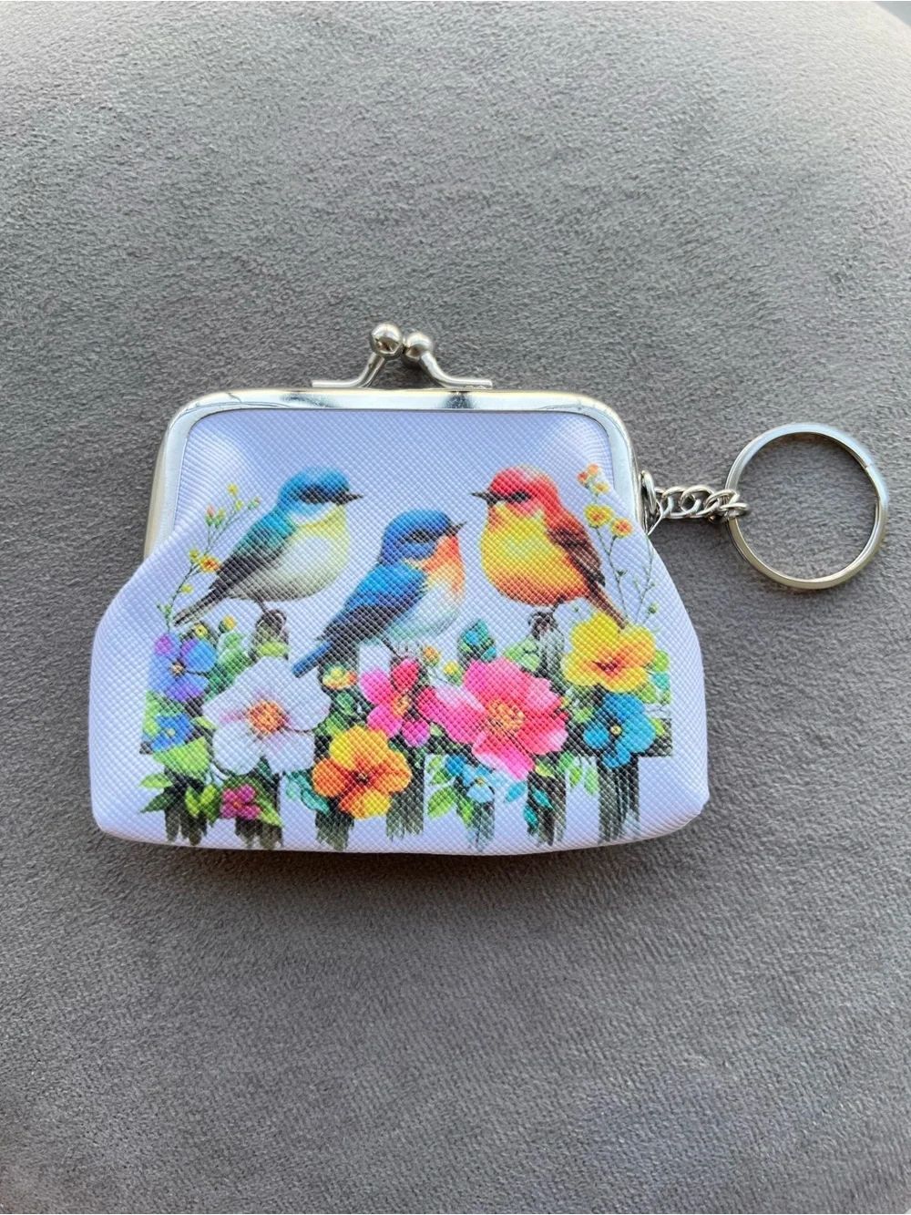 Floral Birds White Coin Purse Keychain